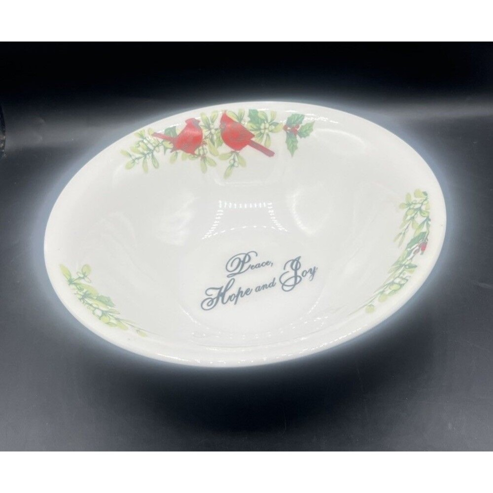 Lily Creek Peace Hope Joy Cardinal Christmas Serving Bowl 10” Atico Stoneware